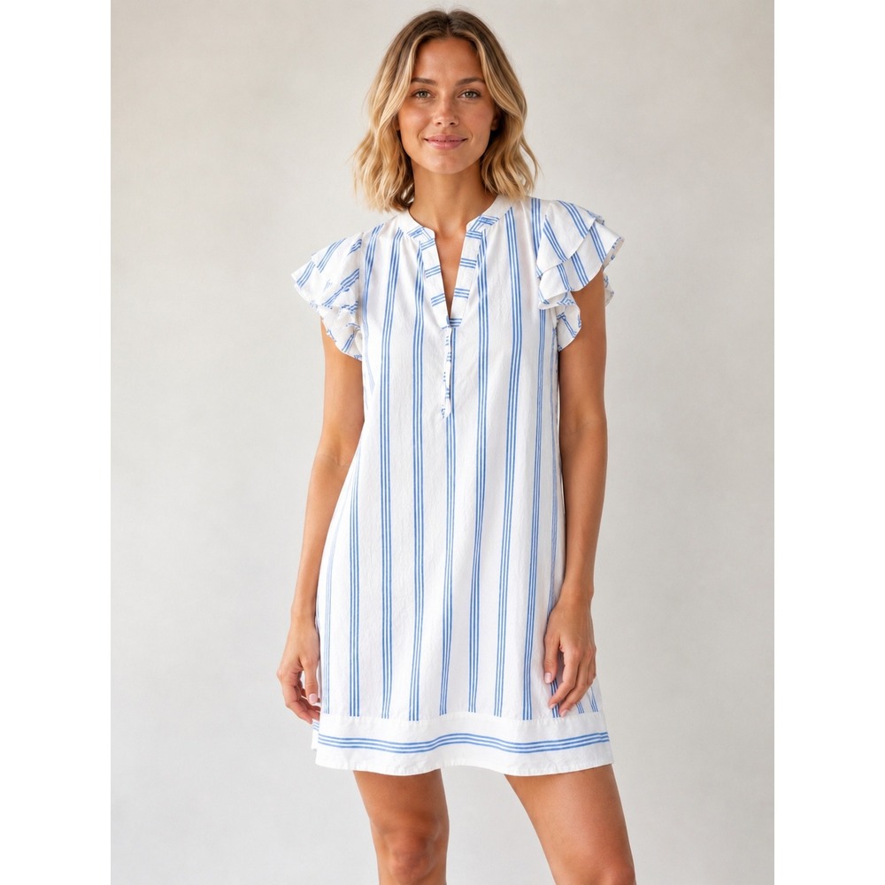 Vineyard Vines Performance Dress Womens XXS White Blue Striped Ruffle Mini